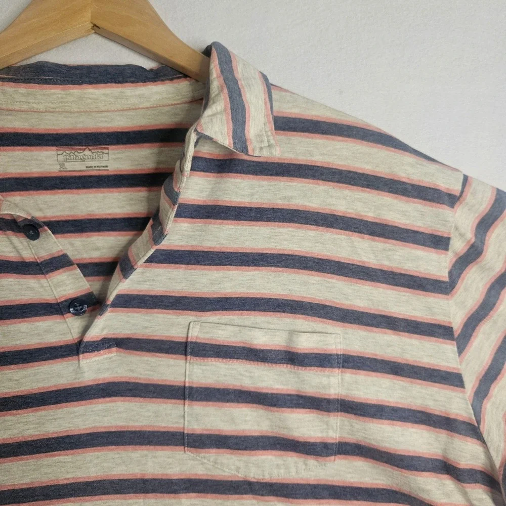 Patagonia Mens Organic Cotton Striped‎ Polo Shirt XL Blue Pink STY52776 SP18